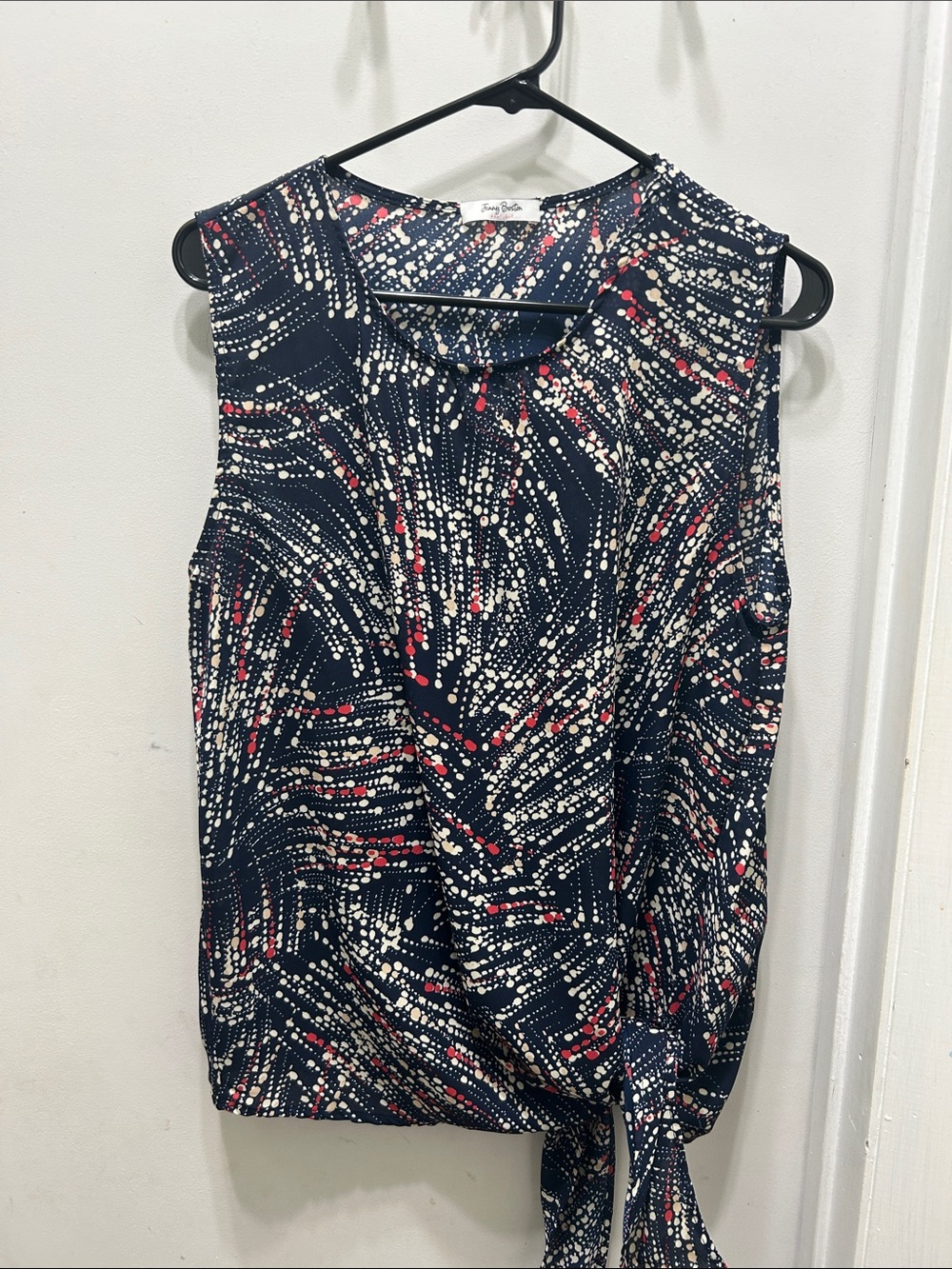 Jenny Boston Navy Sleeveless Tie-Hem Camisole with Cream and Red Dot Print